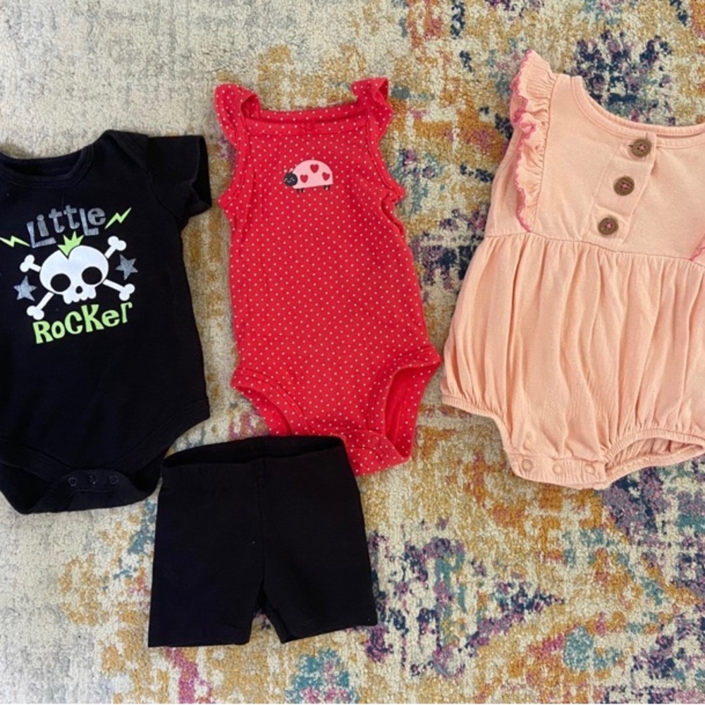 4 Piece Set - 2 onesies, romper, shorts